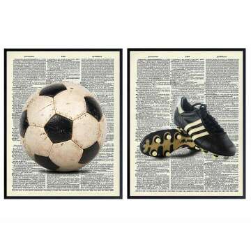 Vintage Soccer Ball and Shoes Upcycled Dictionary Wall Art Print Set of 2-8x10 Photos - Home Decor for Gym, Workout or Game Room, Boys, Girls Kids Bedroom - Unique Gift for Futbol Fan, Coach