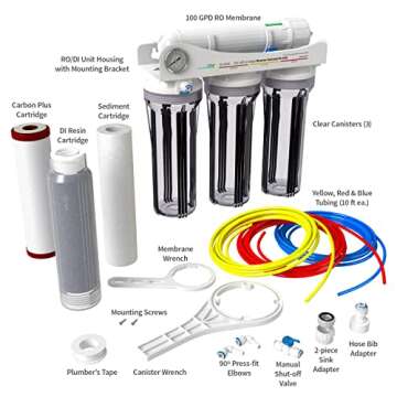 Aquatic Life 4-Stage Reverse Osmosis Deionization Water Filter System RO/DI Filtration Unit with Carbon Plus Cartridge, 100 GPD