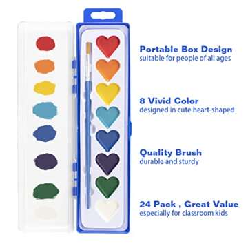 24 Pack Watercolor Paint Set, Washable Water Color Kids Paint Set with Paintbrush for Toddlers Adults, Art Supplies for Preschool Classroom Party Favor Valentines Gifts