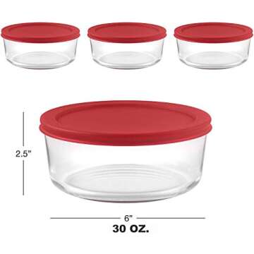 Bovado Glass 4 Cup Food Storage Containers with Red Airtight Lids 30oz/4 Cup/1 Quart (Set of 4) | Freezer-to-Oven Safe Bowls for Meal Prep, Leftovers, Baking, Cooking & Lunch | BPA-Free Kitchen Items