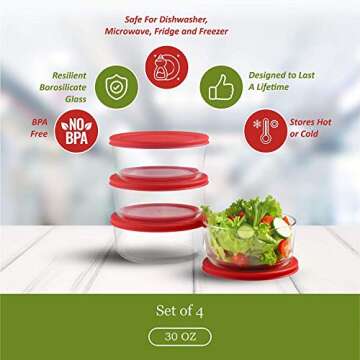 Bovado Glass 4 Cup Food Storage Containers with Red Airtight Lids 30oz/4 Cup/1 Quart (Set of 4) | Freezer-to-Oven Safe Bowls for Meal Prep, Leftovers, Baking, Cooking & Lunch | BPA-Free Kitchen Items