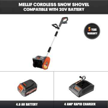 12” Cordless Snow Shovel Compatible with Dewalt 20V Battery, Brushless Snow Blower Electric Snow Thrower, Auxiliary Handle & Adjustable Deflector (w/ 4.0 Ah Battery & 4.0 Quick Charger)