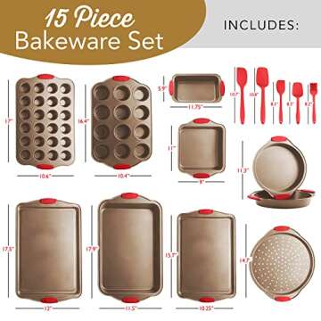 Baking Pan Set, 15 Piece Premium Baking Set, Nonstick Bakeware Sets BPA Free, Cookie Sheets for Baking Nonstick Set, Steel Baking Sheets for Oven with Muffin Pan, Cake Pan & Kitchen Utensils - Brown