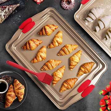 Baking Pan Set, 15 Piece Premium Baking Set, Nonstick Bakeware Sets BPA Free, Cookie Sheets for Baking Nonstick Set, Steel Baking Sheets for Oven with Muffin Pan, Cake Pan & Kitchen Utensils - Brown