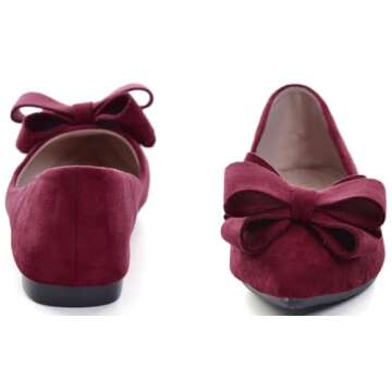 SAILING LU Bow-Knot Ballet Flats Womens Pointy Toe Flat Shoes Suede Dress Shoes Wear to Work Slip On Moccasins Burgundy Size 9