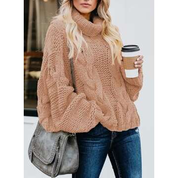 Dokotoo Womens Casual Loose Ladies Fashion Winter Fall 2024 Knit Turtleneck High Neck Sweaters Long Sleeve Sweater Pullovers Light Brown Small