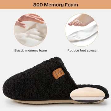 EverFoams Women's Fuzzy Slip-on Slippers Warm Cozy Soft Lightweight Memory Foam Indoor House Shoes Black, 5-6 US