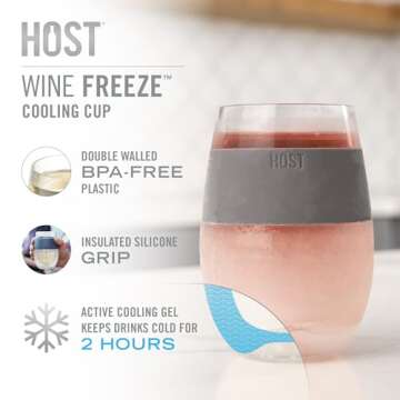 Host Wine Freeze Cup Set of 2 - Plastic Double Wall Insulated Wine Cooling Freezable Drink Vacuum Cup with Freezing Gel, Glasses for Red and White Wine, 8.5 oz Grey - Gift Essentials