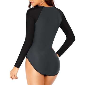 Daci Women Grey Black Rash Guard Long Sleeve One Piece Swimsuit Zipper Surfing Bathing Suit UPF 50 S