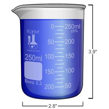 Karter Scientific 214T2, 3.3 Boro, Griffin Low Form, Glass Beaker Set - 4 Sizes - 10ml, 50ml, 100ml, 250ml