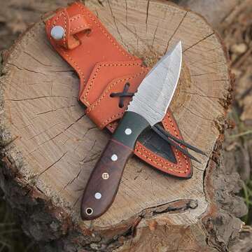 H.M Knives Handmade Damascus Steel Knife - Fixed blade Bush craft Hunting Knife, Survival & Camping Knives, with Rose Wood Handle Real leather Sheath, (HM1)