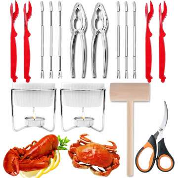 Artcome 16-Piece Seafood Tools Set Including 2 Lobster Crackers, 6 Crab Forks, 4 Lobster Shellers, 2 Butter Warmers, 1 Lobster Crab Mallets, 1 Seafood Scissor