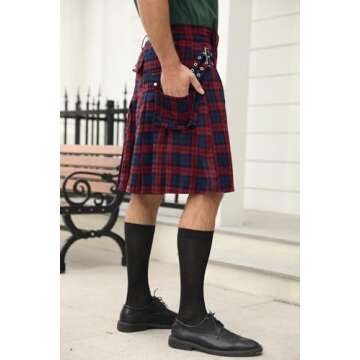 Mens Utility Kilt Scottish Tartan Apparel Black & Irish Hybrid Royal Stewart Pockets Kilts