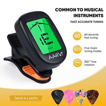 Clip On Guitar Tuner for All Instruments, Acoustic/Electric Guitar, Ukulele, Bass, Violin, Banjo, Large Clear LCD Display for Guitar Tuning, Chromatic Tuner, 4 Pack Guitar Picks Included