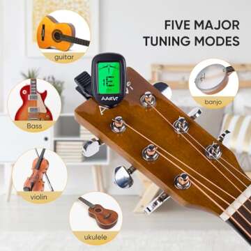 Clip On Guitar Tuner for All Instruments, Acoustic/Electric Guitar, Ukulele, Bass, Violin, Banjo, Large Clear LCD Display for Guitar Tuning, Chromatic Tuner, 4 Pack Guitar Picks Included