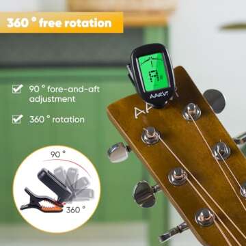 Clip On Guitar Tuner for All Instruments, Acoustic/Electric Guitar, Ukulele, Bass, Violin, Banjo, Large Clear LCD Display for Guitar Tuning, Chromatic Tuner, 4 Pack Guitar Picks Included