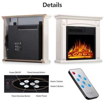 R.W.FLAME 27” Electric Fireplace Mantel Wooden Surround Firebox, TV Stand with Freestanding Electric Fireplace, Remote Control, Adjustable Led Flame, 750W/1500w White