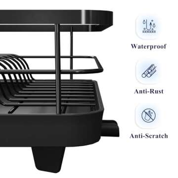 Kitsure Dish Drying Rack- Space-Saving Dish Rack, Dish Racks for Kitchen Counter and Sink, Stainless Steel Kitchen Drying Rack with a Cutlery Holder,12''W x 14''~23''L, Black