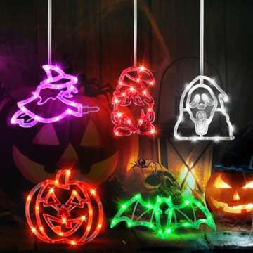 Halloween Decorations Indoor - 5 Pack Halloween Lights with Suction Cup (Pumpkin, Ghost, Bat, Witch, Gnome), Battery Operated Halloween Decor, Slow Fade Mode & Timer for Spooky Halloween Decorations