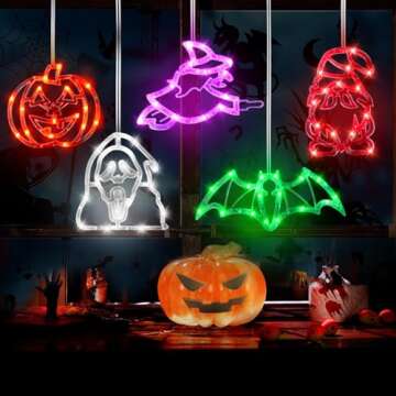 Halloween Decorations Indoor - 5 Pack Halloween Lights with Suction Cup (Pumpkin, Ghost, Bat, Witch, Gnome), Battery Operated Halloween Decor, Slow Fade Mode & Timer for Spooky Halloween Decorations