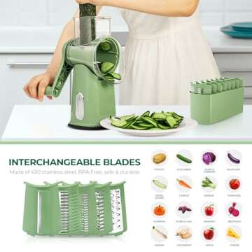 SUSTEAS Rotary Cheese Grater with Handle - Vegetable Shredder with 5 Well-designed Blades & Strong Suction Base,Round Mandoline Slicer & Food Chopper for Kitchen,with Blade Storage Box(Retro Green)