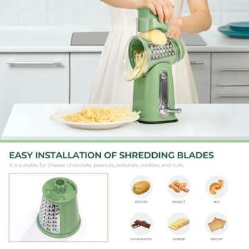 SUSTEAS Rotary Cheese Grater with Handle - Vegetable Shredder with 5 Well-designed Blades & Strong Suction Base,Round Mandoline Slicer & Food Chopper for Kitchen,with Blade Storage Box(Retro Green)