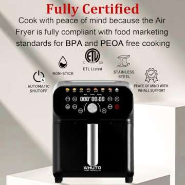 WHUTO Air Fryer, 5.8QT Air Fryer Oven with LED Digital Touchscreen, 12 Preset Cooking Functions Air fryers, Bake, Reheat, Keep Warm, Nonstick and Dishwasher-Safe Basket, Stainless Steel/Black&Silver