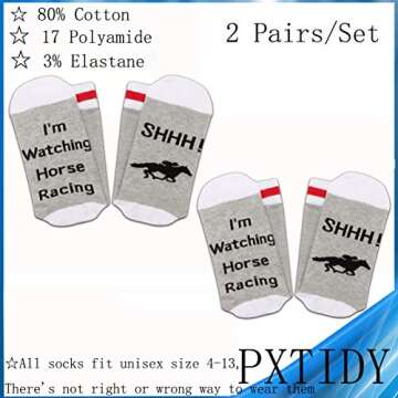 PXTIDY 2 Pairs Horse Racing Socks SHHH I'm Watching Horse Racing Novelty Socks Retirement Gift For Horse Racing Fans