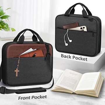 FINPAC Extra Large Bible Cover, Carrying Book Case Church Bag Bible Protective with Detachable Shoulder Strap & Zippered Pocket, Gift for Men Women, Black & Brown