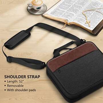 FINPAC Extra Large Bible Cover, Carrying Book Case Church Bag Bible Protective with Detachable Shoulder Strap & Zippered Pocket, Gift for Men Women, Black & Brown