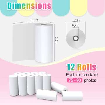 12 Rolls Instant Print Paper for Kids Instant Camera Print- Hikkon Thermal Print Refill Paper Rolls Photo Print HD Printing for Most Kids Camera(White)