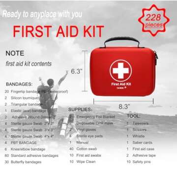 Compact First Aid Kit (228pcs) Designed for Family Emergency Care. Waterproof EVA Case and Bag is Ideal for The Car, Home, Boat, School, Camping, Hiking, Office, Sports. Protect Your Loved Ones. Red