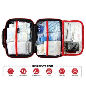 Compact First Aid Kit (228pcs) Designed for Family Emergency Care. Waterproof EVA Case and Bag is Ideal for The Car, Home, Boat, School, Camping, Hiking, Office, Sports. Protect Your Loved Ones. Red