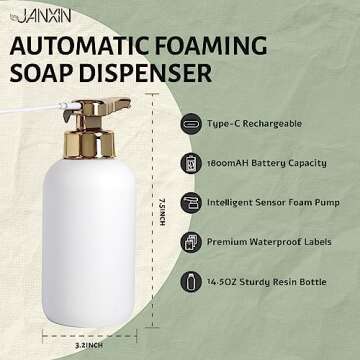 Janxin Automatic Foaming Soap Dispenser,Touchless Hand Soap Dispenser for Bathroom,Rechargeable Kitchen Countertop Soap Dispenser with Waterproof Labels for Hand Soap, Dish Soap,14.5OZ/430ML