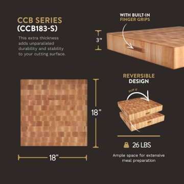 John Boos Boos Block CCB Series Square Large Reversible Wood Chopping Board, 3-Inch Thickness, 18" x 18" x 3", Maple