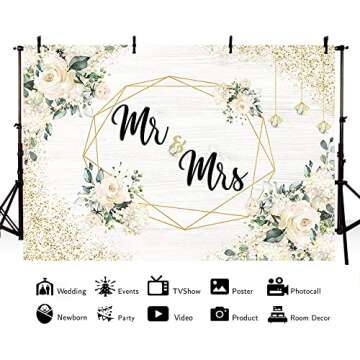 AIBIIN 7x5ft Mr and Mrs Backdrop White Floral Wedding Anniversary Photography Background Women Bridal Shower Party Decorations Bride to Be Engagement Couple Fall in Love Cake Smash Photo Studio Props