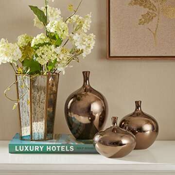 Madison Park Signature Ansen Ceramic Handmade Vase Set Home Décor - Metallic Accent Living Room Decoration Ideal for Shelf, Side Table, Mantle Ornaments, Multi Size, Bronze 3 Piece