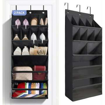 FENTEC 2 Pack Over the Door Shoe Organizers, Hanging Shoe Organizers with Large Pocket Shoe Holder Hanging Shoe Rack for Closet Shoe Organizer for Wall, Over Door Organizer with 30 Pockets, Black