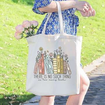 LEADO Cute Canvas Tote Bag with Pockets for Adults, Book Lovers Gifts - Mothers Day, Birthday Gifts for Book Lovers Women - Reading Accessories, Librarian, Bookish, Readers, Author, Library Present