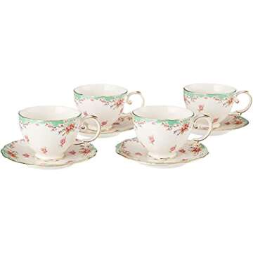 Gracie China by Coastline Imports Green Gracie China Vintage Rose Porcelain 7-Ounce Tea Cup and Saucer Set of 4, 4 Count (Pack of 1)