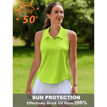 PINSPARK Golf Tennis Shirts for Women Sleeveless Moisture Wicking Sports Shirts V Neck Collared Athletic Tank Tops,Neon Green Small