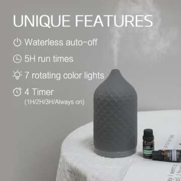 ZEIGGA LAB Essential Oil Diffuser for Home, Ceramic Aromatherapy Diffuser for Essential Oils, 120ml Oil Diffuser with Waterless Auto-Off and 7 LED Lights for Large Room Yoga Spa (Grey)