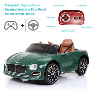 SEHOMY Kids Ride on car with Remote Control 12V, Bentley Style Electric Car Kids Battery Powered Motorized Vehicles with Seat, 2 Speed, LED Lights, MP3, Music, Horn, TF Card, USB Port, Green