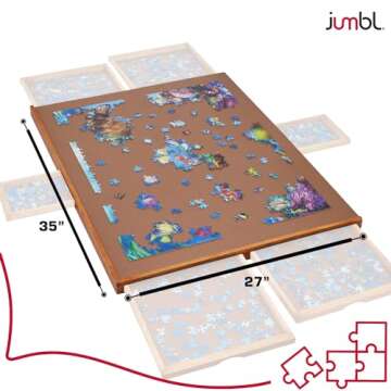 Jumbl 1500-Piece Puzzle Board | 27” x 35” Jigsaw Puzzle Table | 6 Removable Magnetic Sorting Drawers | Smooth Plateau Fiberboard Work Surface & Hardwood Construction | for Games & Puzzles