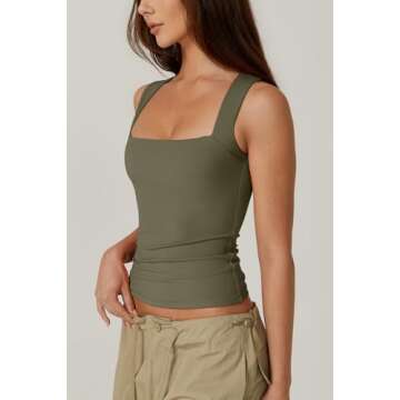 QINSEN Women's Tank Tops Sexy Sleeveless Crop Tops Square Neck Double Layer Fitness Basic Shirts Army Green XS