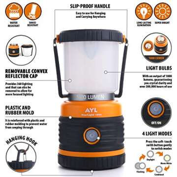 AYL LED Camping Lantern, Battery Powered LED 1800LM, 4 Camping Lights Modes, Perfect Lantern Flashlight for Hurricane, Emergency Light, Storm, Power Outages, Survival Kits, Hiking, Fishing, Tent, Home