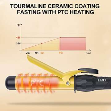 DAN Technology 1 1/4 Inch Tourmaline Ceramic Hair Curling Iron/Wand with LCD Screen, Suitable for Hair DIY, Hairdressing Beauty School, Hair Salon, Fast Heating, 60 min Auto Off (Gold Black)