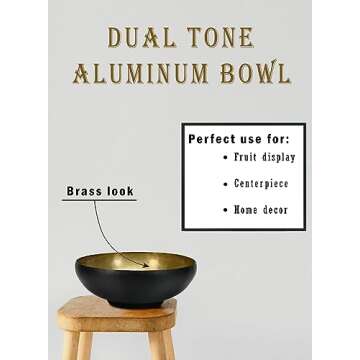 Serene Spaces Living Dual-Tone Black & Gold Aluminum Bowl with Brass Look, Elegant Décor for Fruit Display, Centerpiece, Modern Accent for Home & Events