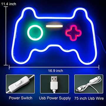 Neon Signs for Bedroom Wall Decor, Gaming Neon Lights for Game Room Decor, Game Controller USB Powered Switch LED Light Up Sign Cool Gamer Wall Decoration Gifts for Teen Boy Christmas gift, Man Cave