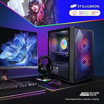 STGAubron Prebuilt Gaming PC Desktop, AMD Radeon RX 550 4G GDDR5, Intel Core I5 3.3Ghz up to 3.7Ghz, 16G Ram, 512G SSD, WiFi, BT 5.0, RGB Fan x 3, RGB Mouse Pad, Windows 10 Home